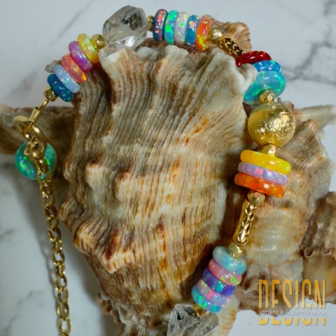 Bransoletka z opali syntetycznych i diamentów Herkimerów – unikat 1/1, srebro złocone 24k