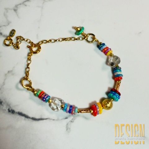 Bransoletka z opali syntetycznych i diamentów Herkimerów – unikat 1/1, srebro złocone 24k