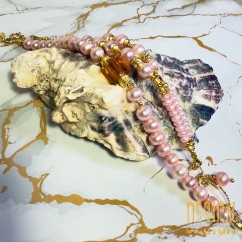 „Bransoletka z różowych pereł i rubinów | Srebro złocone 24K”