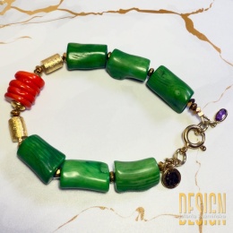 Bransoletka z zielonego koralu z akcentem pomarańczowym – srebro pozłacane 24 k | Kuźmińska Design