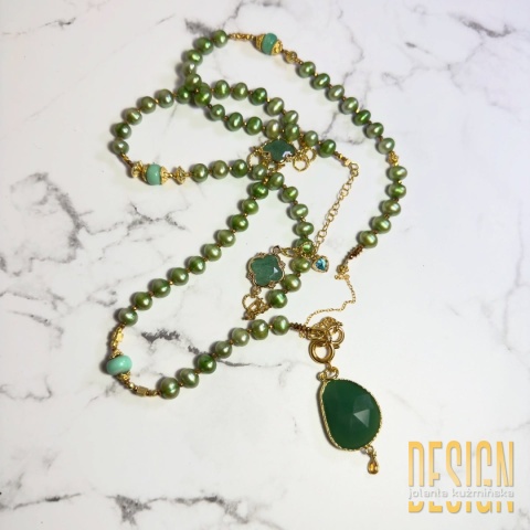 Naszyjnik Perły Premium z zielonych pereł z zawieszką jadeitową – 94 cm