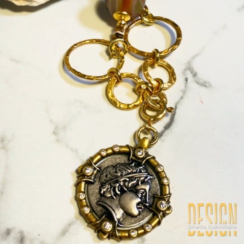 Naszyjnik z agatów mongolskich z antyczną monetą – złocony 24k złotem, unikat 1/1