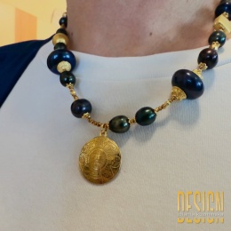 Naszyjnik z czarnych pereł z zawieszką Majów/Inków – 44 cm + regulacja