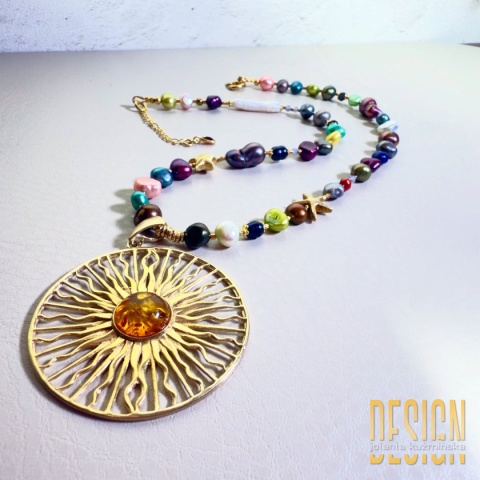 Naszyjnik z pereł z bursztynem – srebro pozłacane 24 k | Kuźmińska Design