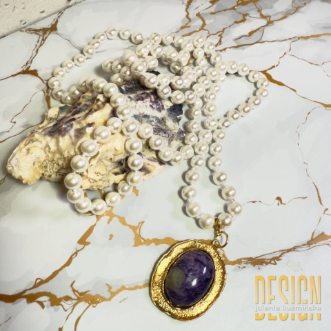 Porcelanowa perła 120 cm z czaroitem | Biżuteria autorska Kuźmińska Design