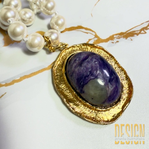 Porcelanowa perła 120 cm z czaroitem | Biżuteria autorska Kuźmińska Design